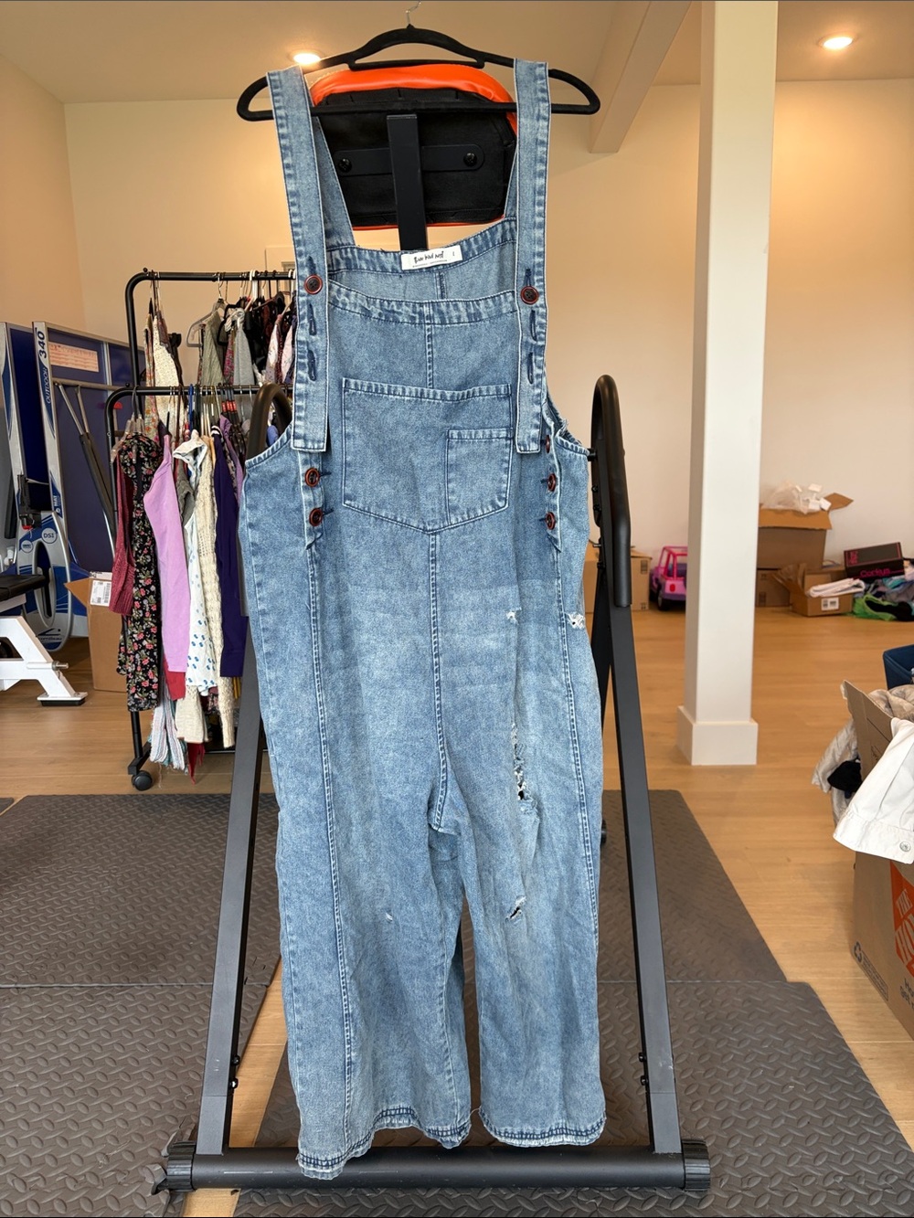 Three Bird Nest Light Wash Distressed Denim Overalls Jumpsuit